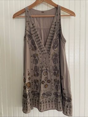 Free People silk beige with gold metal detailing, flowy embroidered tunic tank